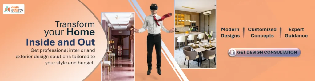 Zlendo Realty banner for interior and exterior design consultation, featuring a man in a VR headset alongside hallway and kitchen design photos