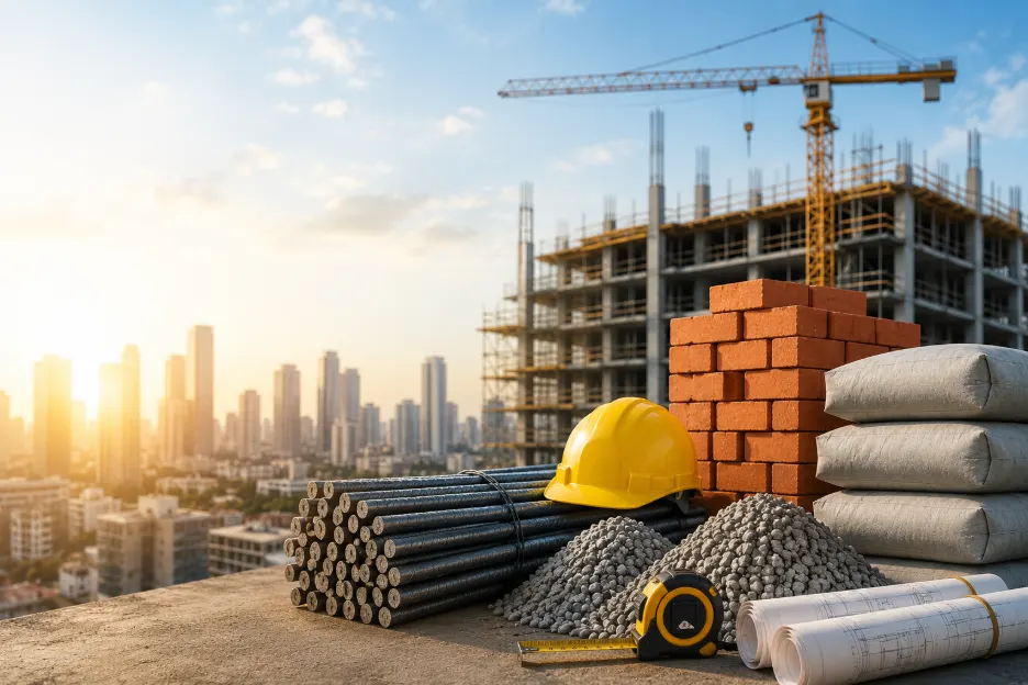 Construction materials including steel rods, bricks, gravel, and safety helmet at a high-rise building site