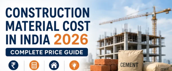 Construction material cost guide 2026 featuring cement, bricks, sand, gravel, and a safety helmet at a building site