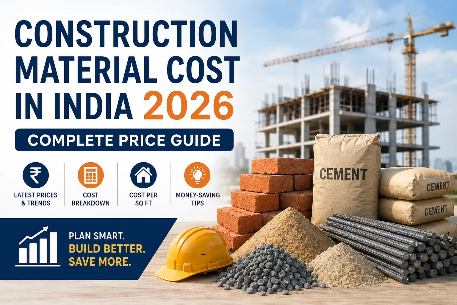 Construction material cost guide 2026 featuring cement, bricks, sand, gravel, and a safety helmet at a building site