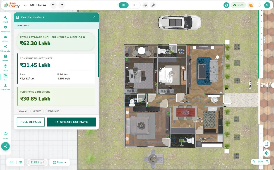 Digital floor plan and site layout design for a residential home with driveway and landscaping