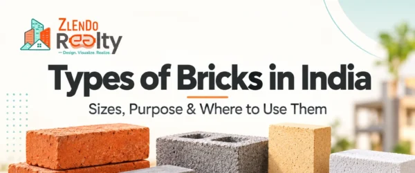 Types of Bricks in India — Zlendo Realty logo with clay bricks, concrete, fly ash, sand-lime, engineering, fire bricks and AAC blocks