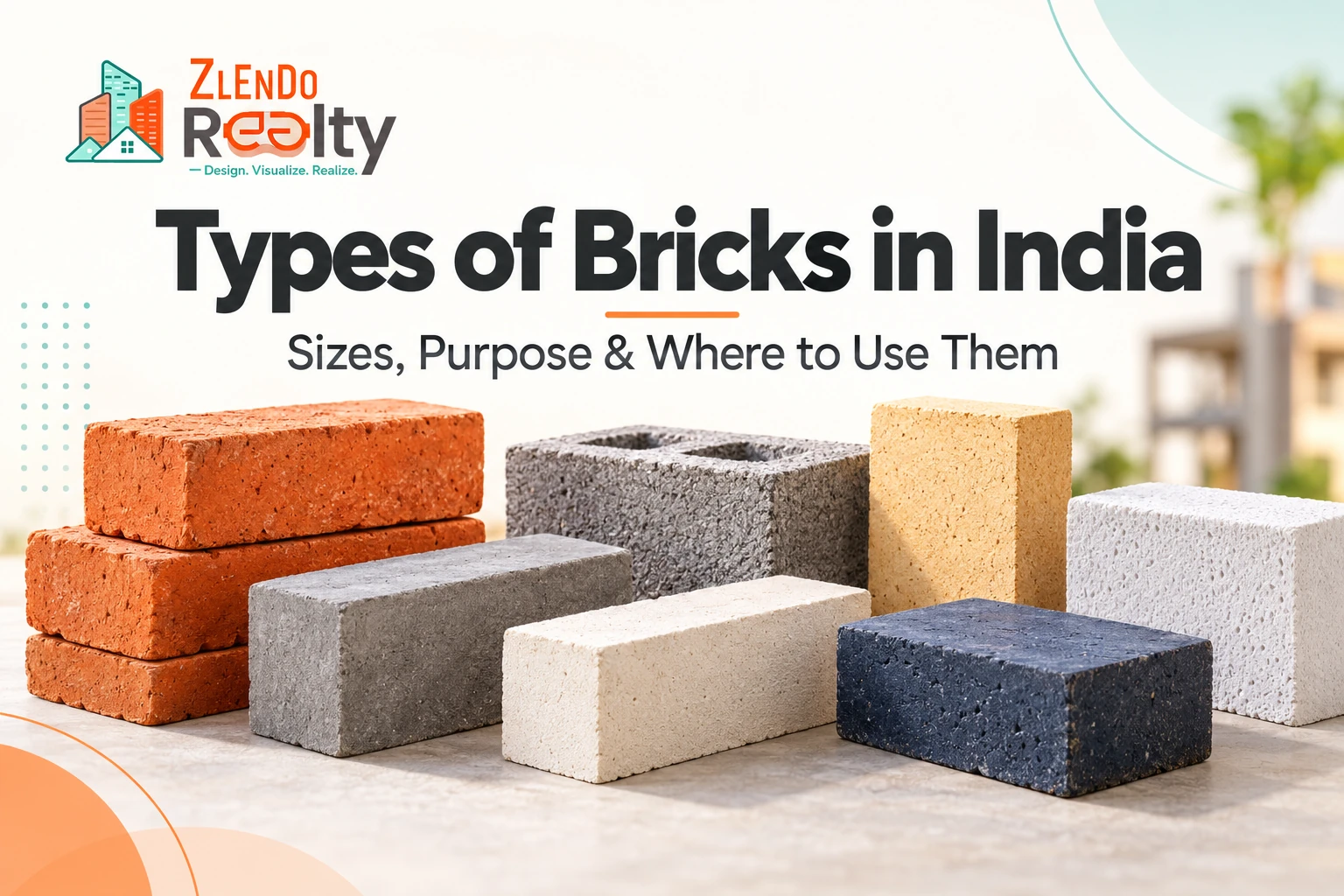 Types of Bricks in India — Zlendo Realty logo with clay bricks, concrete, fly ash, sand-lime, engineering, fire bricks and AAC blocks